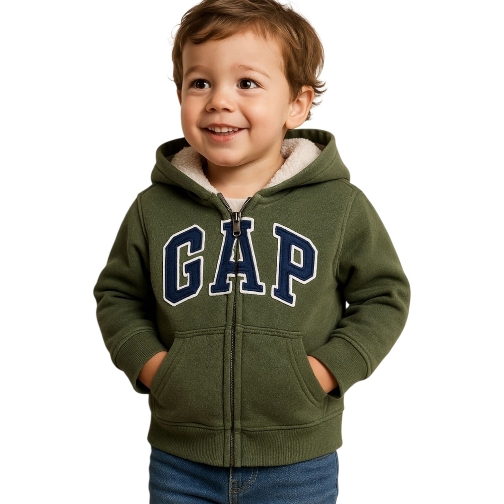 Baby GAP Toddler Boys Cozy Logo Zip Hoodie Army Green Sherpa Lined 3T FA18